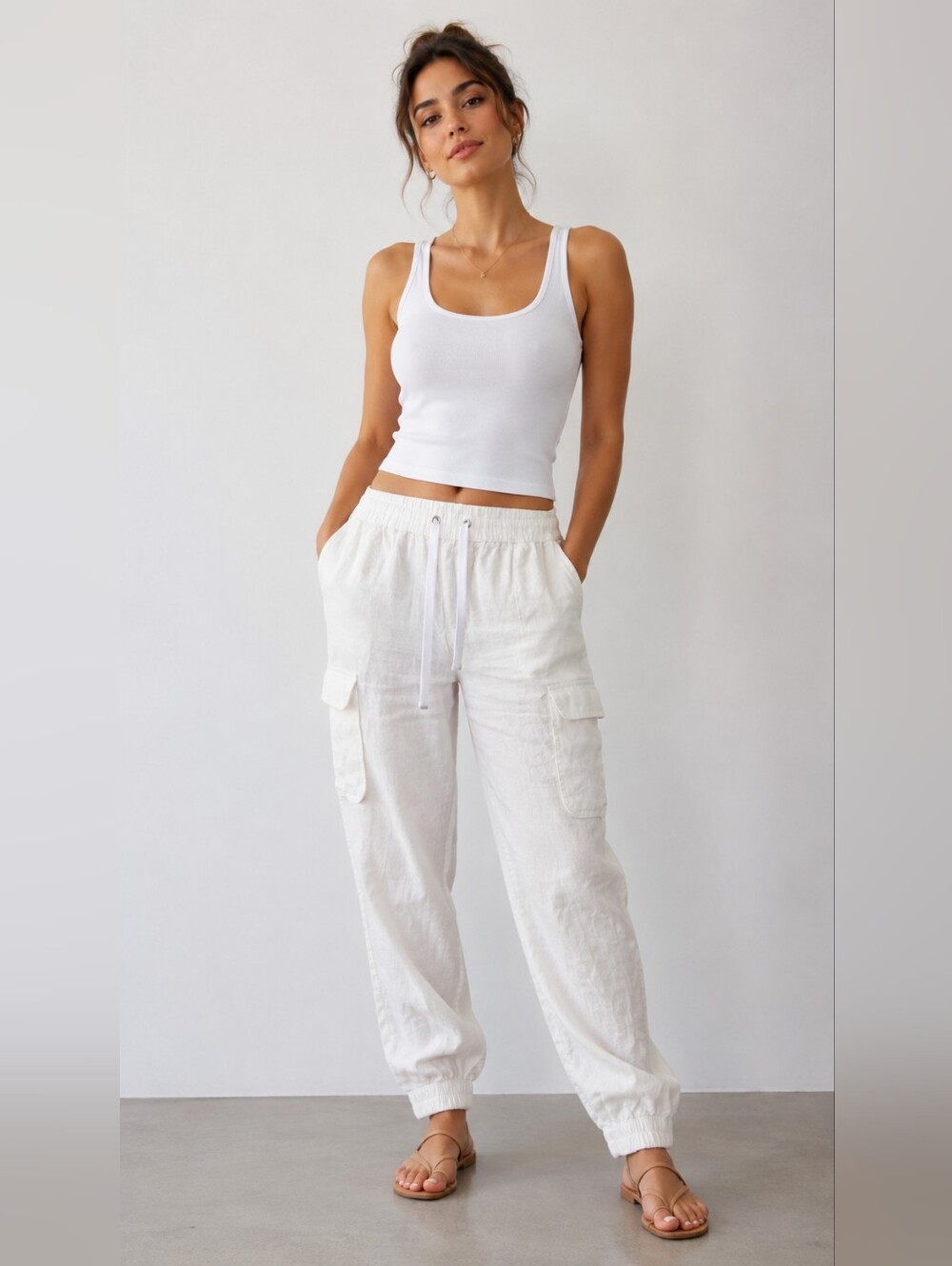 Nicole Miller 100% Linen Women’s White Cargo Jogger Style Pants EUC Size XL